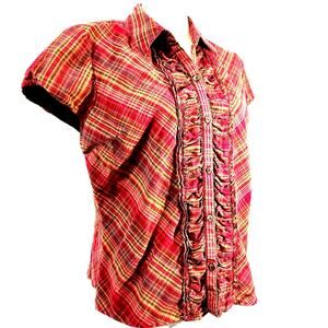 Liz Claiborne Ruffle Front Top Size L Red Plaid Cap Sleeve Classic Work & Casual